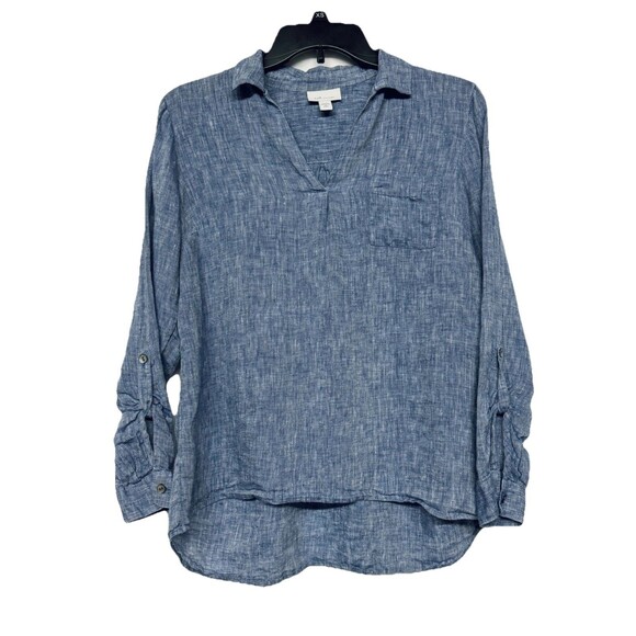 J.JILL Top L Love Linen Collared V-Neck Roll Tab Sleeve Chambray Blue XS Petite - Picture 1 of 5